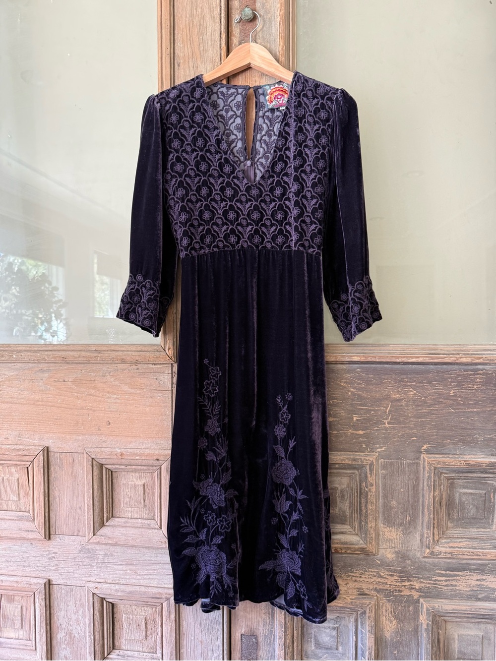 Johnny Was Velvet Embroidered Midi Dress in Deep Purple